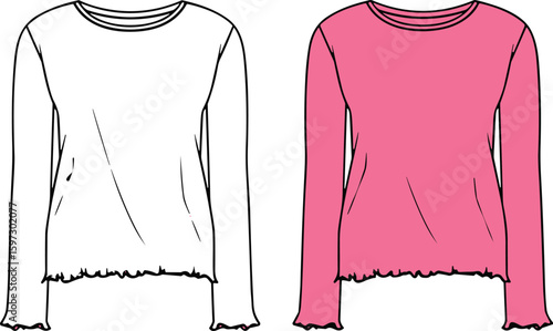 Women's Long Sleeve Lettuce Hem T-shirt Technical Fashion Illustration Flat Sketch Template, Apparel Clothing Design Blank Mockup, Casual Ribbed Top.