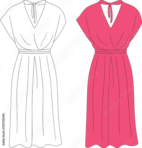  Women's V-Neck Dolman Sleeve Midi Dress Technical Fashion Illustration Flat Sketch Template, Apparel Clothing Design Blank Mockup, Elegant Summer Style.