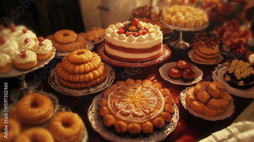 An inviting spread of various sweet baked goods. This delicious array offers cakes, pastries, and treats.