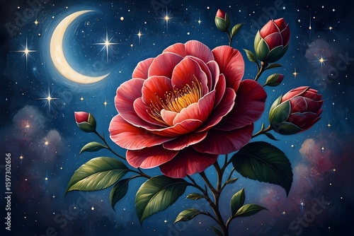 Abstract floral design featuring an enchanting night scene with blossoming pink roses, vibrant tulips, and delicate petals, perfect for nature-inspired art and elegant spring or summer patterns