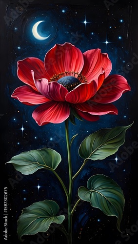 Red tulip flower blooming on blue background with closeup petals and spring garden beauty