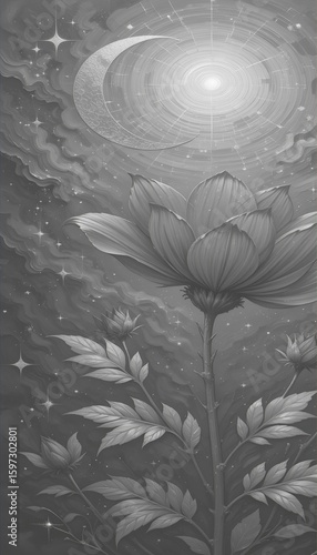 Water lily flower floating on water with floral vintage pattern and decorative leaves design