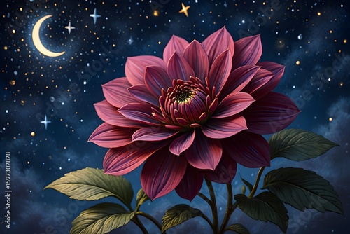 Flower blooming in the night sky with pink and purple petals in a garden setting