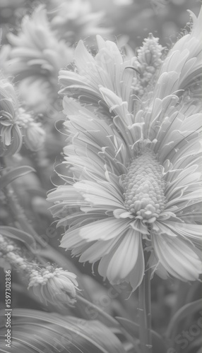 Black and white vintage floral seamless pattern with chrysanthemum and dahlia flowers