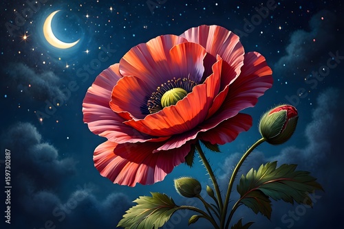 Here is a beautiful red poppy flower, a vibrant blossom in nature, set against a clear blue sky