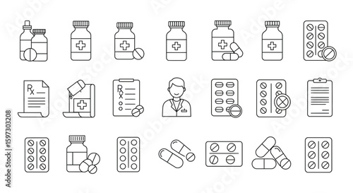 Collection of outline medical icons representing medication and pharmacy products