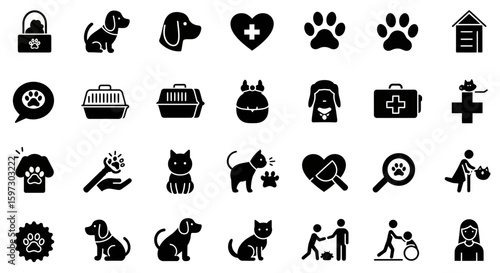 Collection of pet care icons, including dogs, cats and veterinary service signs