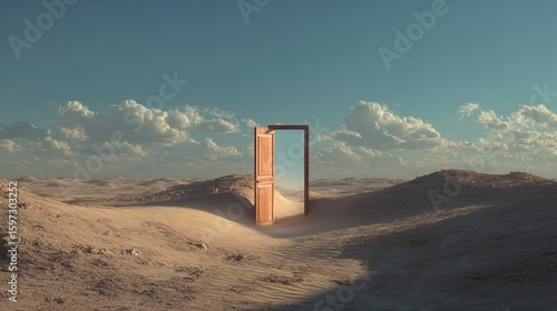 Open blue door in a desert landscape leading to a cloudy sky