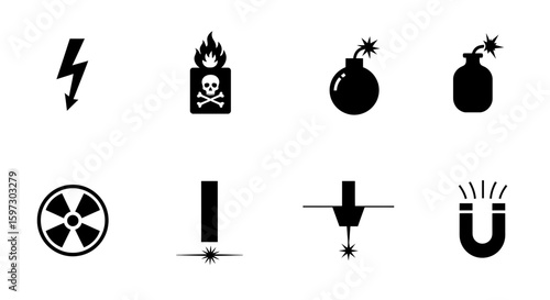 Collection of warning danger hazard symbols, electrical, laser and bomb icon set