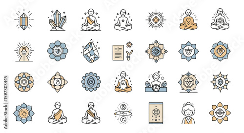 Meditation and spirituality icons, representing mindfulness and holistic wellbeing set