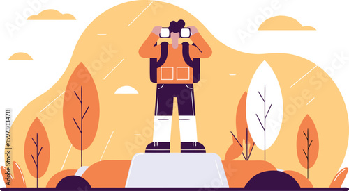 Flat illustration Man in hiking taking picture 