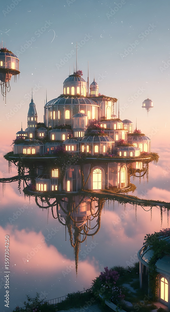 Fototapeta premium Floating City in the Clouds A Dreamlike Architectural Masterpiece