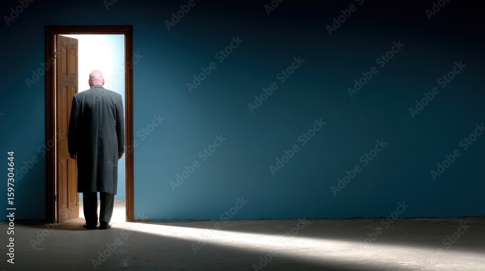 Obraz premium man wearing a long coat stands with his back to the viewer, at an open wooden door. Bright light spills into the empty, dimly lit room, enhancing a feeling of solitude