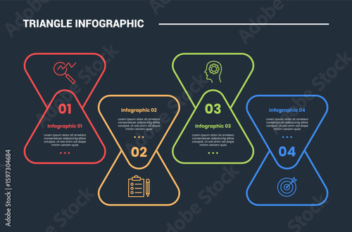triangle shape infographic process diagram with round triangle upside down on horizontal direction with 4 points dark background bright outline style