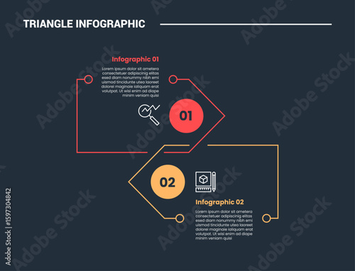 triangle shape infographic process diagram with big arrow container opposite direction with circle badge with 2 points dark background bright outline style