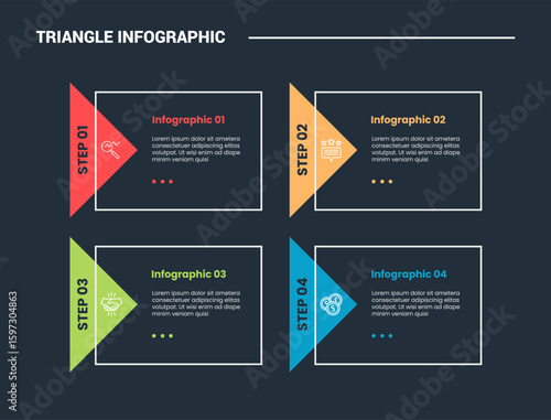 triangle shape infographic process diagram with rectangle box with sharp arrow badge on left with 4 points dark background bright outline style