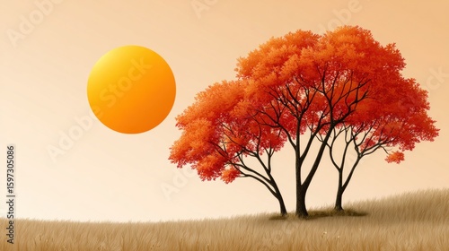 Bright sun casts a warm glow over an autumn landscape featuring a tree adorned with vivid orange leaves