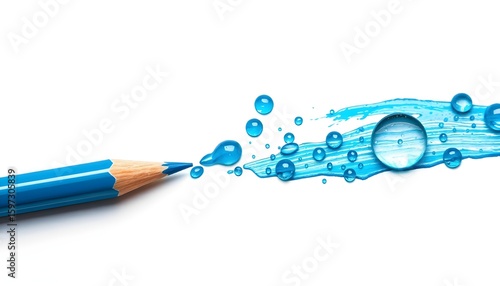 Water droplets and sky blue colored pencils on white background. Generative AI