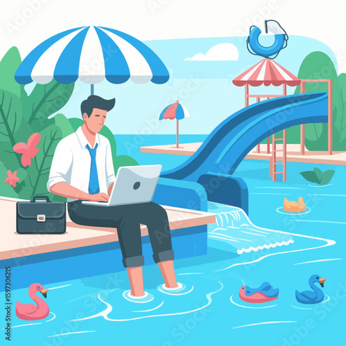 Man in business attire uses a laptop while sitting by a pool, surrounded by vibrant summer elements like a slide and colorful toys.