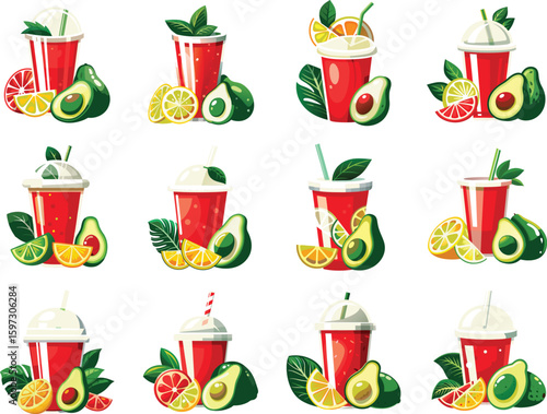 Collection of refreshing avocado smoothies and fruit drinks