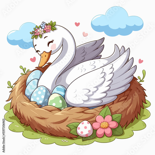 Cheerful cartoon swan rests in a nest full of colorful eggs,  decorated with flowers and surrounded by a pastel-colored background.