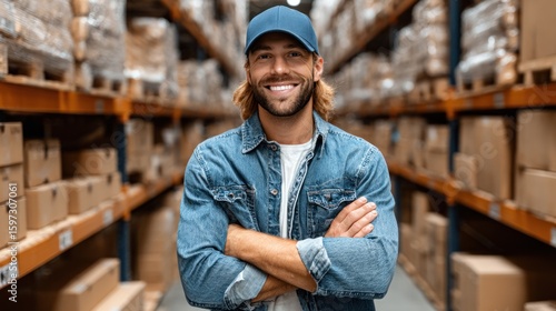 warehouse worker with a friendly smile wears a denim jacket and a cap while standing in an aisle filled with stacked boxes in a storage facility