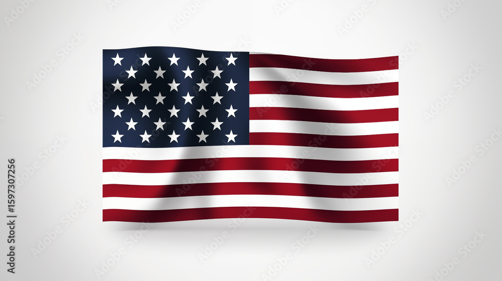Fototapeta premium The American flag waves gently, showcasing its iconic stars and stripes in red, white, and blue. This symbol of freedom, patriotism, and unity reflects the spirit and history of the United States