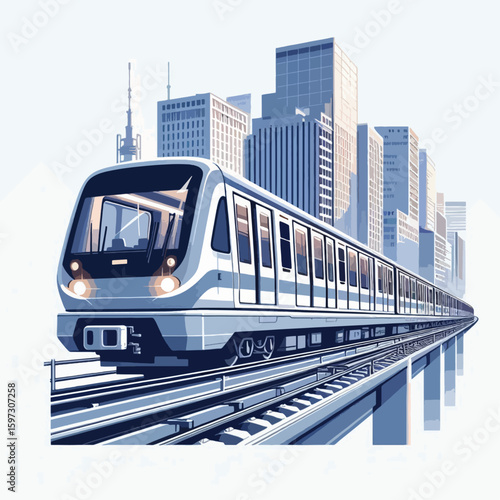 Light rail train travels across a city elevated railway line, situated amidst a backdrop of towering modern city structures.