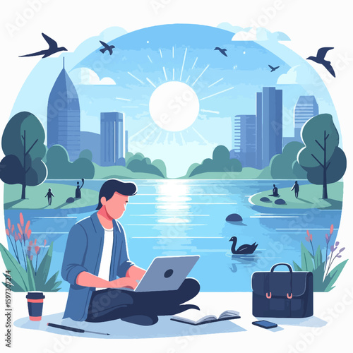 Digital illustration depicts a man seated by a lake in a park, using a laptop, surrounded by a cityscape.