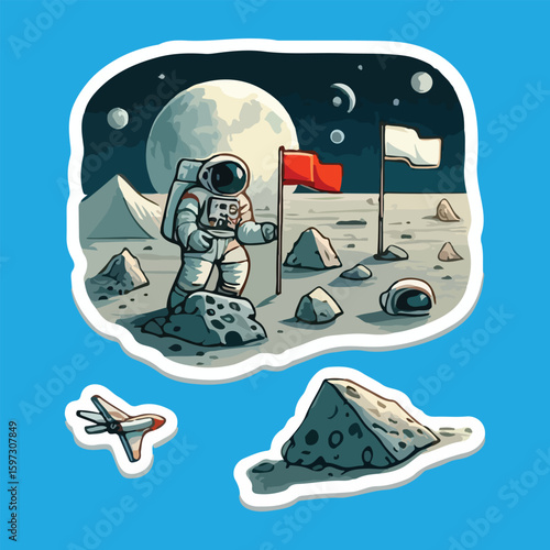 Astronaut plants red and white flags on moon surface with spacecraft lunar exploration