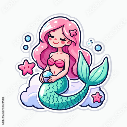 Stylized illustration of a cheerful mermaid figure, seated on a fluffy cloud, holding a light-colored object, surrounded by  decorative ocean elements.