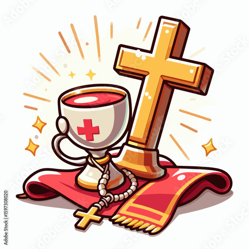 Cartoonish representation of religious symbols, including a cross, chalice, and rosary, situated on a crimson cloth, with radiant effects.