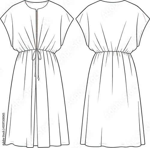 Short sleeve drawstring waist midi dress flat sketch, round neck, loose fit, fashion cad design vector, front back view