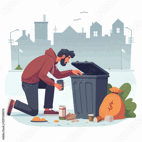 Man kneels by an overflowing trash can, seemingly looking for discarded items in a city setting.  The scene illustrates waste and potential resourcefulness.