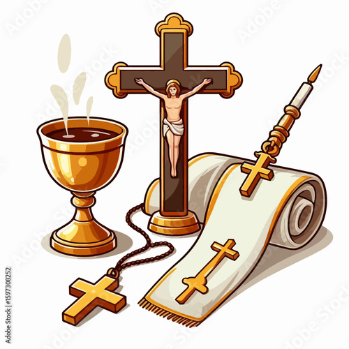 Stylized image of Christian religious objects, including a chalice, cross, candle, and scroll, arranged in a decorative composition.
