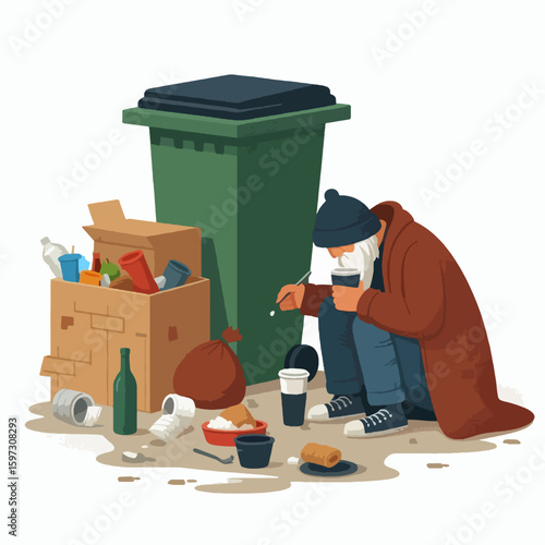 Depiction of a homeless man searching for discarded food among trash.  The image highlights the issue of poverty and resource scarcity.