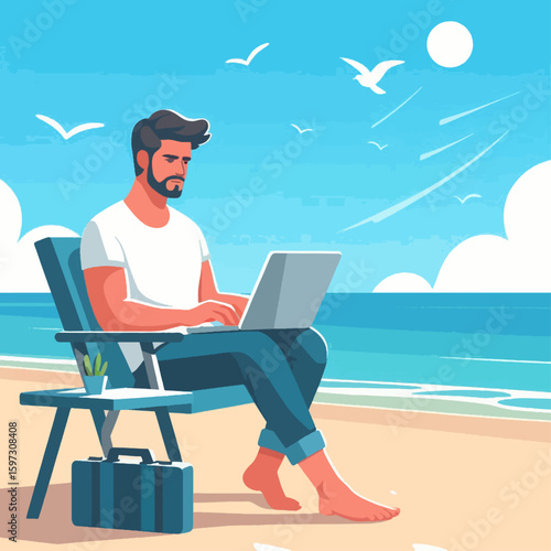 Relaxed man using a laptop on a beach chair.  The image features a summery,  digital design aesthetic.