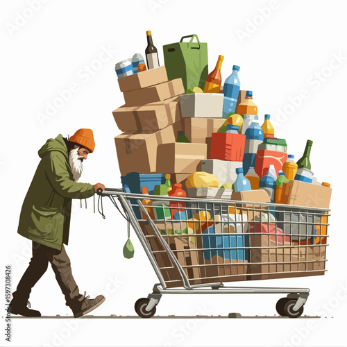 Weary-looking person navigates a busy street pushing a cart overflowing with various packaged groceries.