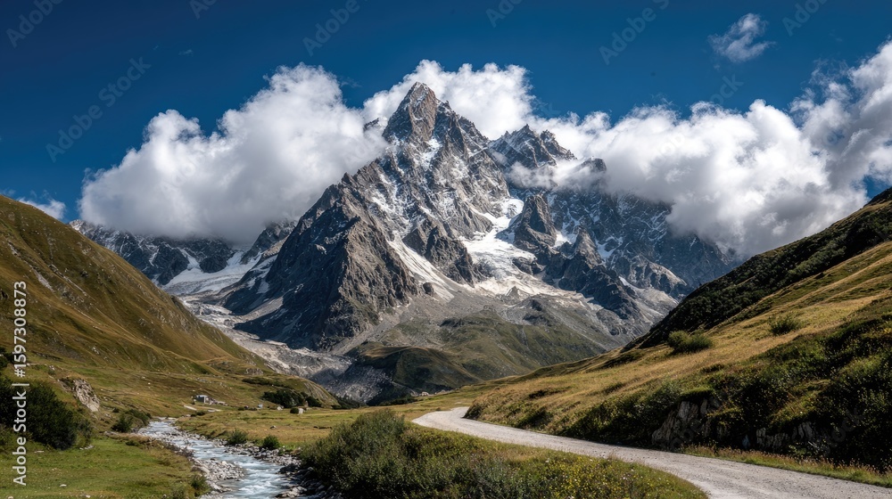 Fototapeta premium Alpine Valley Scenery With Snowy Mountain Peak