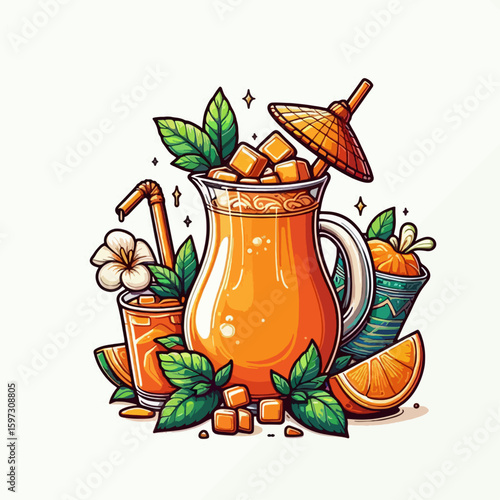 Hand-drawn, detailed graphic depiction of an orange juice beverage in a decorative pitcher, accompanied by other citrus fruits and herbs, set against a plain white background