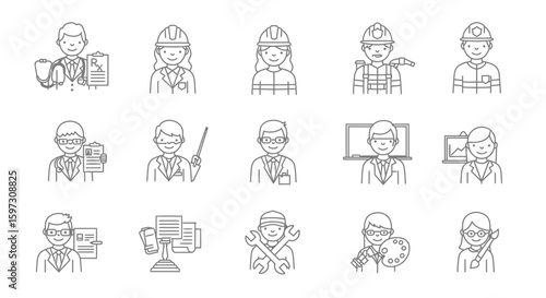 Diverse professional occupations represented in a collection of simple line icons