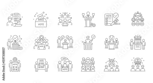 Elections and Voting Line Icon Set: Democracy, Political Process, and Citizen Choice