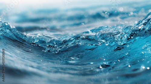 Clear blue water showcases gentle waves that rise and fall, creating splashes of droplets under the warm sunlight. The tranquil scene evokes a sense of calm and relaxation.