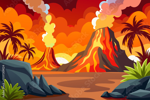 Cartoon Erupting Volcano Landscape – Vector Illustration with Lava, Smoke, and Tropical Scenery