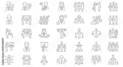 Set of business and management line icons with concepts, business, organization