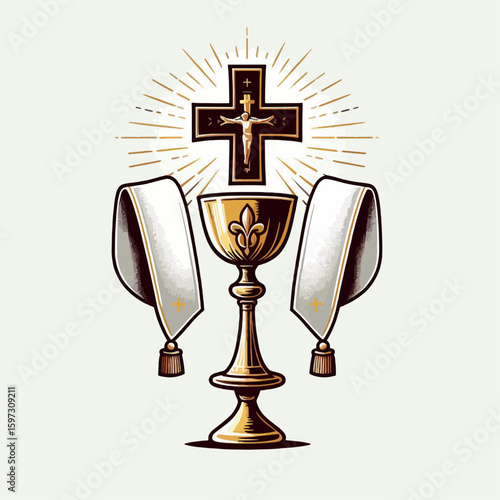 Stylized graphic design of a golden chalice,  a Christian cross, and white liturgical vestments.