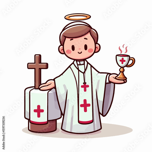Friendly, cartoon depiction of a priest, holding a chalice, presented against a white background, with a cross symbol.
