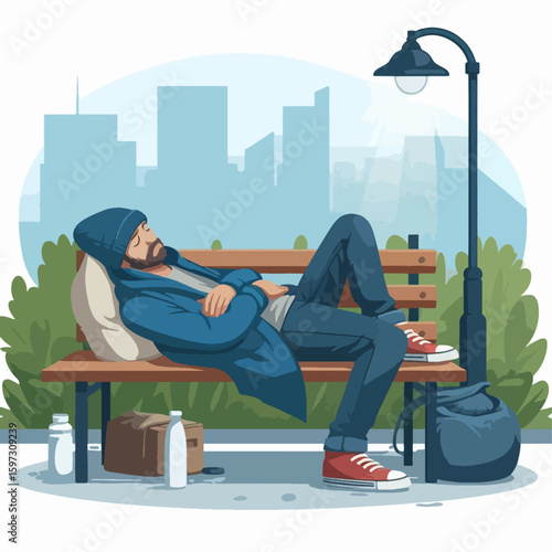 Person resting on a park bench in a city setting.  The image depicts a relaxed, perhaps homeless, individual.