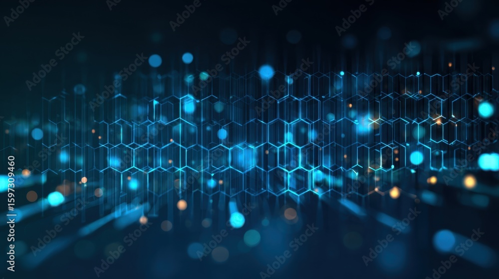 Obraz premium Glowing blue lights and hexagonal patterns create a dynamic digital abstract background, highlighting modern technology and innovation in a captivating design.