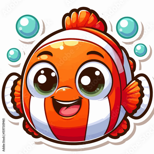 Cheerful, cartoonish representation of an orange and white fish with large, expressive eyes, situated against a white background.  It displays a playful, happy expression.